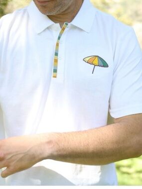 Men's White Polo Shirt with Embroidered Beach Umbrella